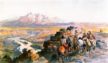 アメリカインディアン Painting - ワゴン列車への攻撃計画 1900年 チャールズ・マリオン・ラッセル アメリカ・インディアン